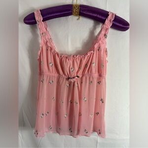 Vintage 2004 Y2K Victoria’s Secret Pink Floral Embroidered Babydoll Mesh Top